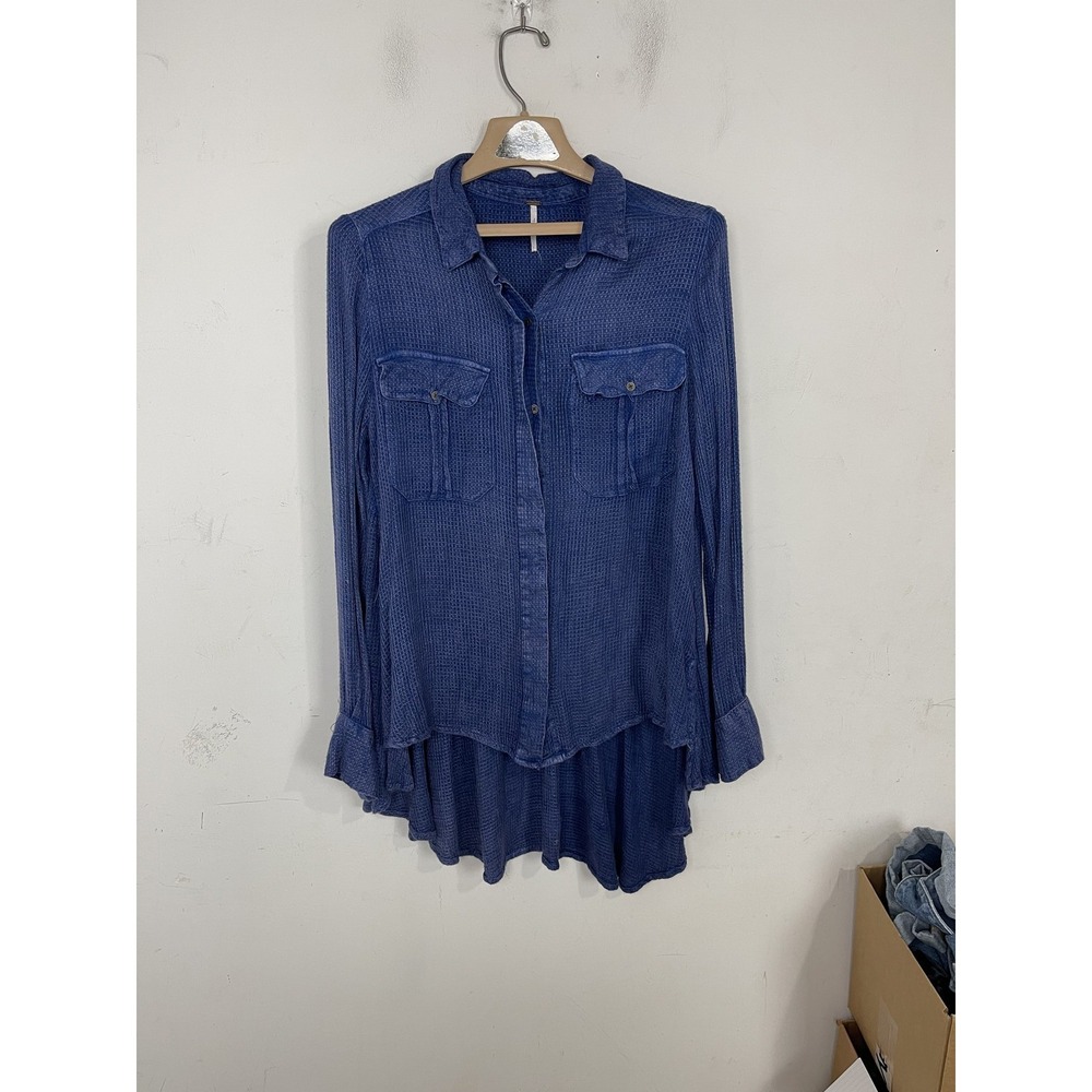 Free People Womens Shirt Large Blue Waffle Knit Tunic Top Button Front Oversized